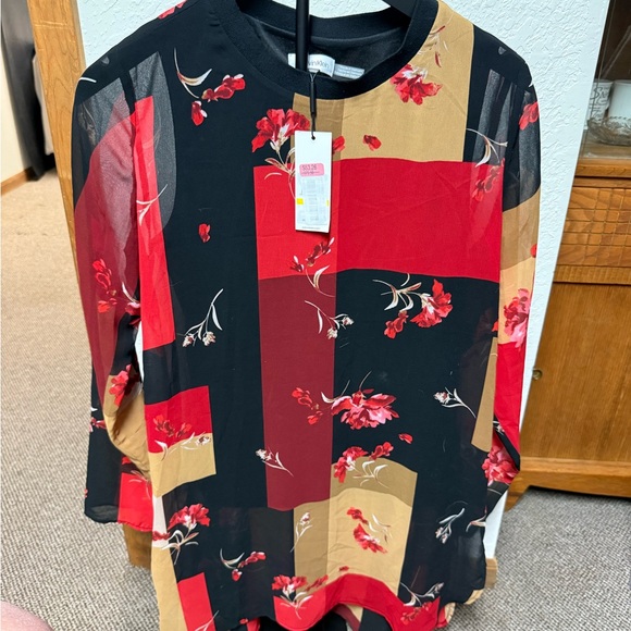 Calvin Klein Tops - Calvin Klein Floral Colorblock Blouse in Black, Red & Tan